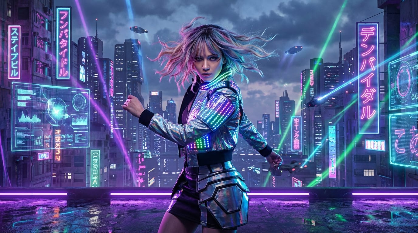 A cyberpunk style idol dancing energetically on a neon city stage, hair swaying with the movement, looking at the camera, high quality, cinematic lighting, 4k, smooth motion