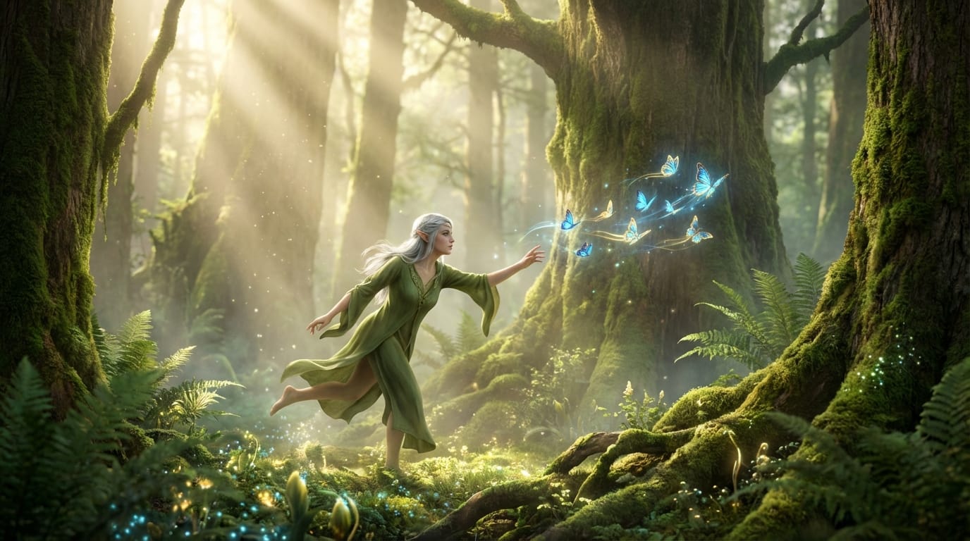 In a fantasy forest, a silver-haired elf girl running chasing glowing butterflies, slow motion, sunbeams through trees, ethereal atmosphere, detailed background, wide angle lens