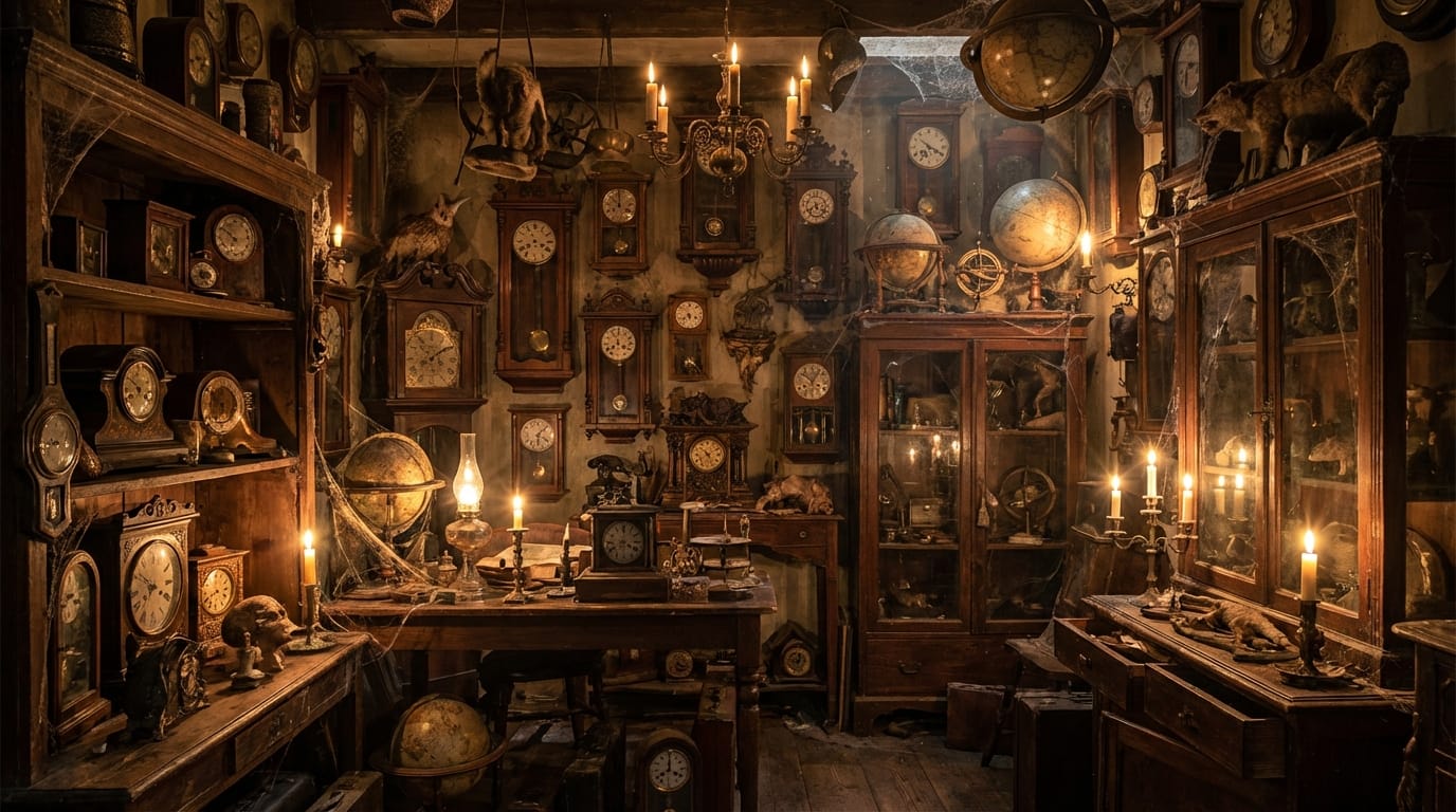 An old antique shop interior filled with mysterious artifacts and clocks, warm candlelight, cluttered but cozy, realistic texture, dust and shadows, magical realism style