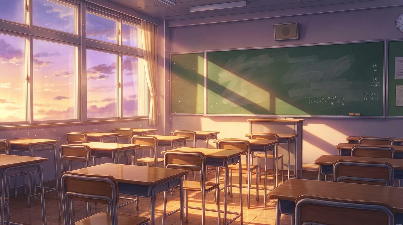 An anime style illustration of a high school classroom at sunset, empty desks with glowing golden sunlight streaming through the windows, dust motes in the air, a chalkboard with erased math equations, sentimental and nostalgic atmosphere, high quality detail, Makoto Shinkai inspired art style