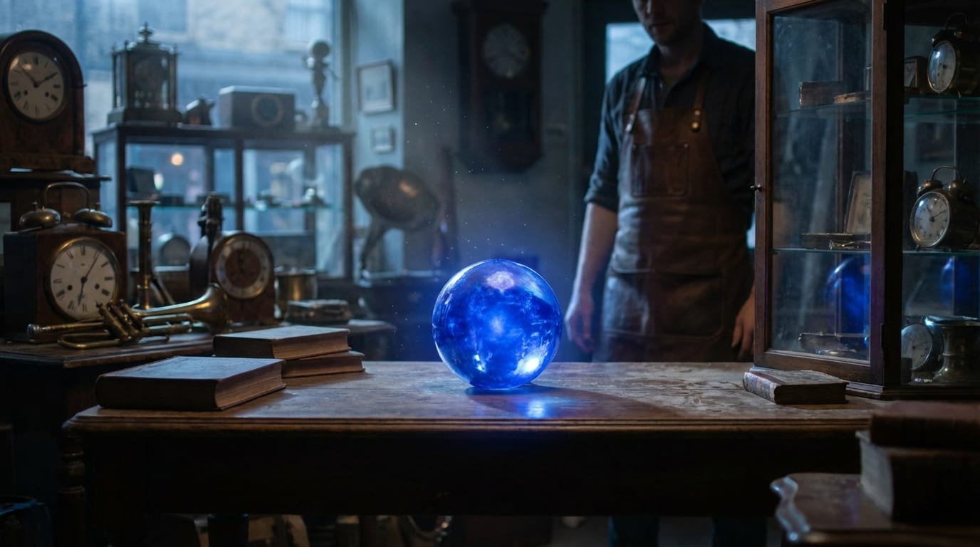 The same antique shop but with a mysterious glowing blue orb on the table, magical lighting effects, focus on the orb, cinematic composition