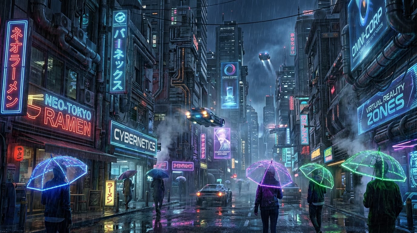A futuristic cyberpunk city street at night with neon lights and holograms, raining, reflections on the ground, towering skyscrapers with complex mechanical details, people walking with futuristic glowing umbrellas, cinematic lighting, photorealistic concept art, 8k resolution, highly detailed, atmospheric depth