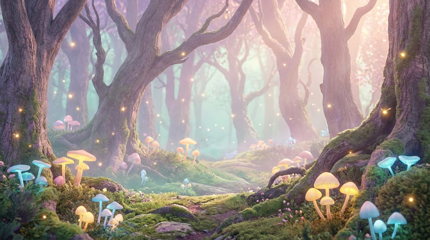 A whimsical fairy tale forest scene, soft pastel colors, glowing mushrooms, gentle fireflies floating in the air, cinematic lighting, slow camera movement, 4k