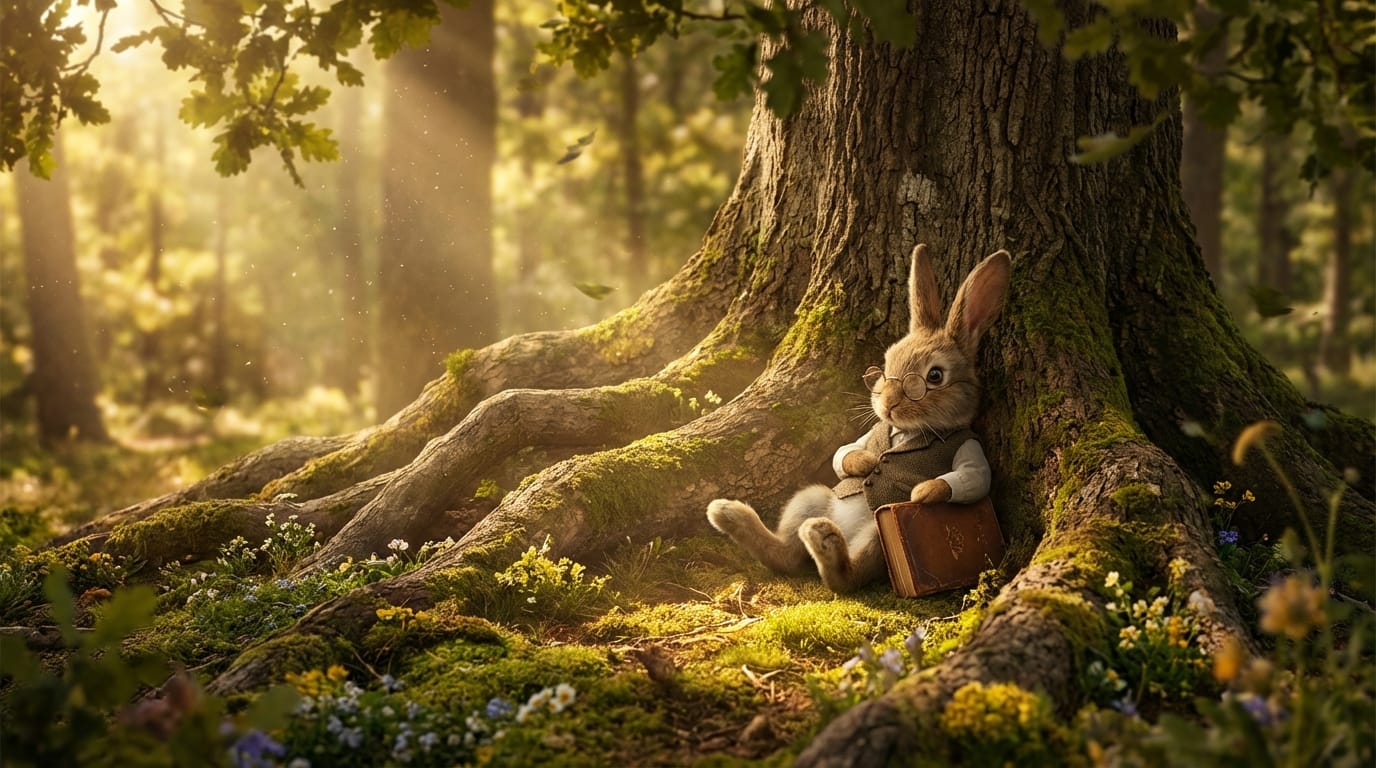 Cute anthropomorphic rabbit reading a book under a giant tree, sunlight filtering through leaves, peaceful atmosphere, fairy tale style, slight movement of leaves