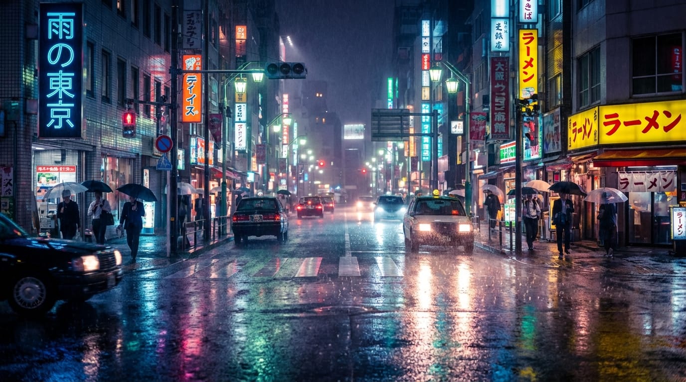 Cinematic lighting, rainy night in Tokyo street, neon signs reflecting on wet asphalt, 4k, high resolution, slow motion