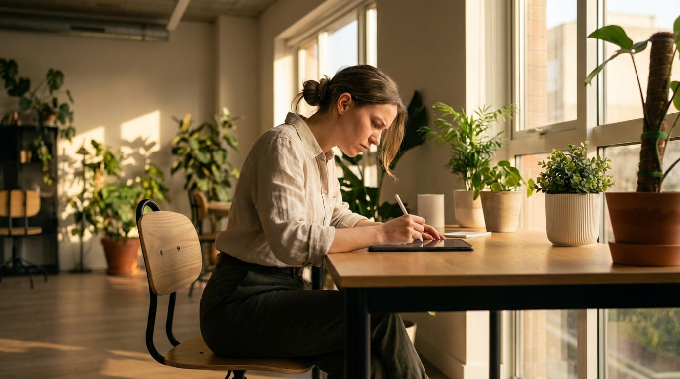 Professional cinematic shot, a young creative woman using a tablet in a sunlit modern office with plants, focused expression, interacting with the screen, soft morning light, 4k, highly detailed, photorealistic style, slow camera pan.