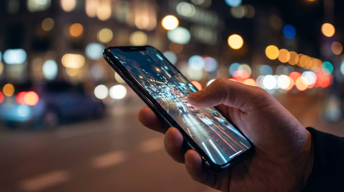 A hand holding the smartphone, thumb scrolling slightly, blurred city night background with bokeh lights, realistic reflection on the screen glass, cinematic lighting.