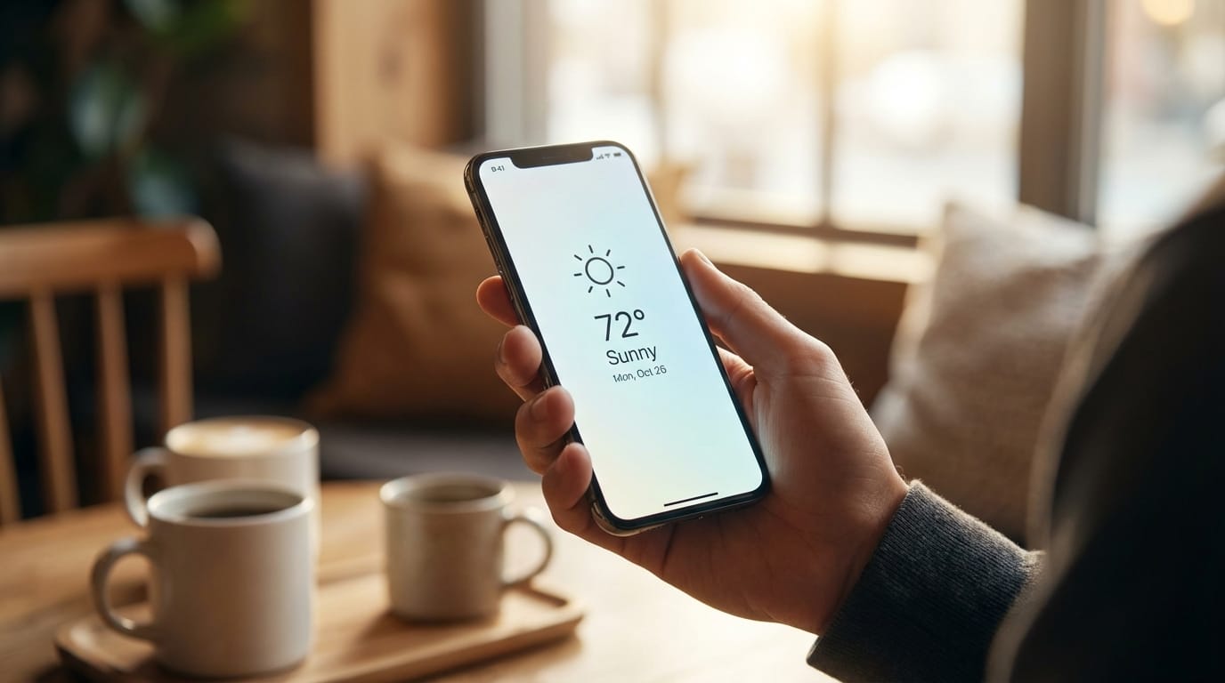 Cinematic close-up shot of a smartphone in a user's hand, displaying a modern minimalist app interface, soft natural lighting in a cozy coffee shop, depth of field, 8k resolution, photorealistic