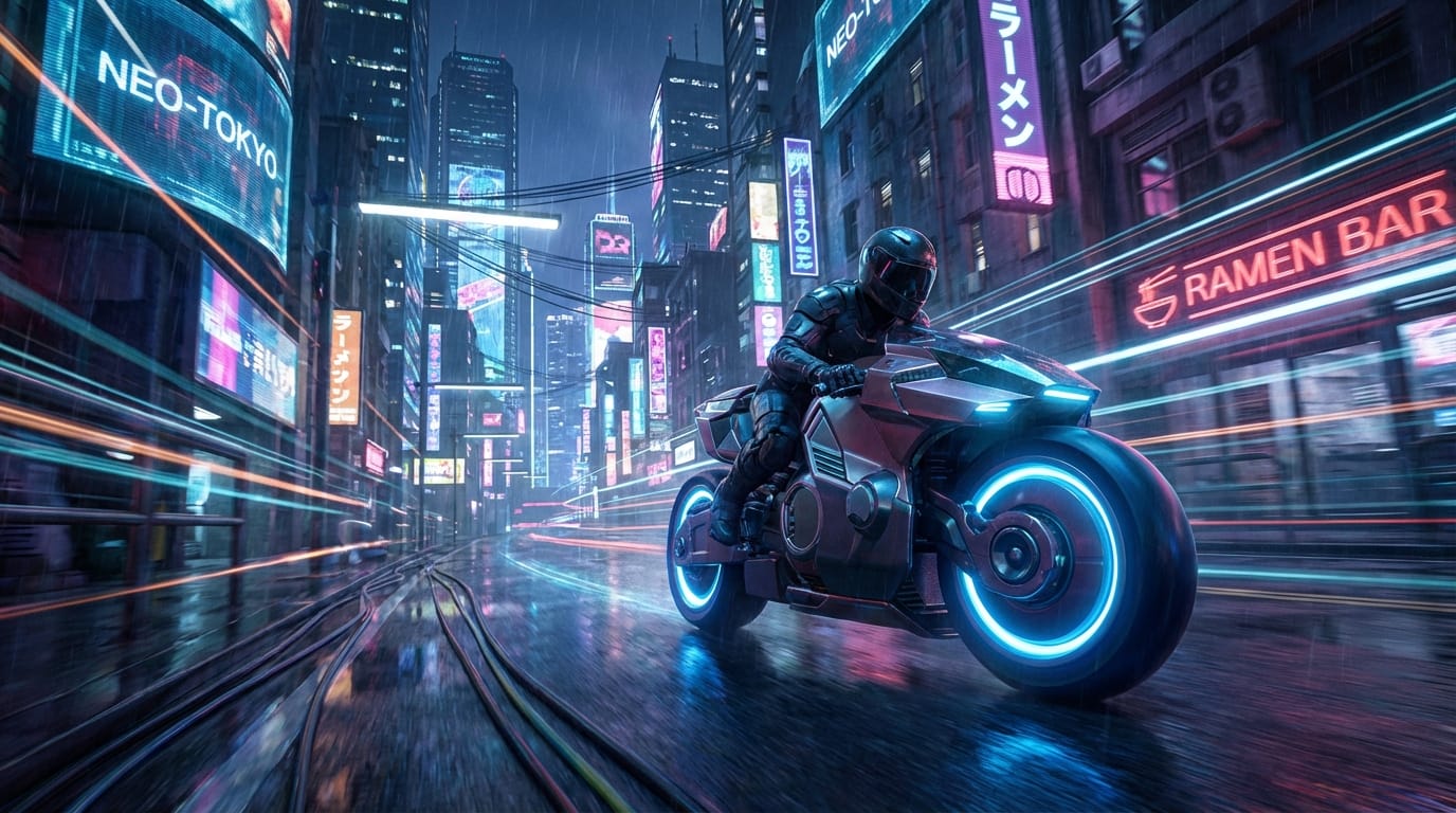 cyberpunk city, neon streets, futuristic motorcycle driving fast, camera following from behind, speed lines, cinematic lighting, high quality