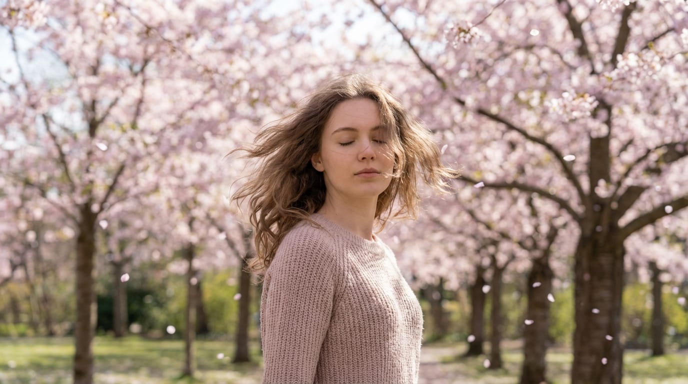 hair blowing in the wind, blinking slowly, cherry blossoms falling in the background, gentle motion, high quality