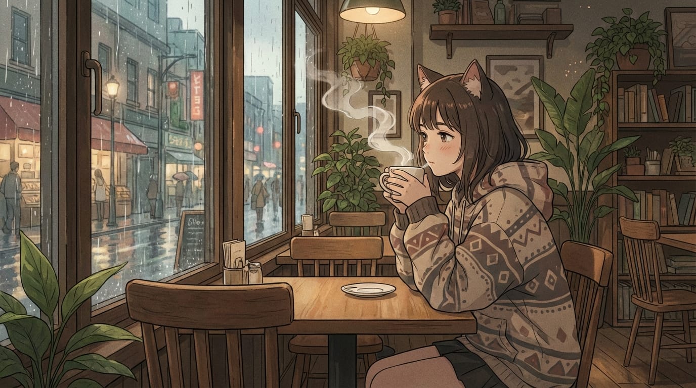 anime style, a cat-ear girl drinking hot coffee with steam rising by the window in a cafe, looking outside, raining outside, lo-fi atmosphere, high quality, smooth motion
