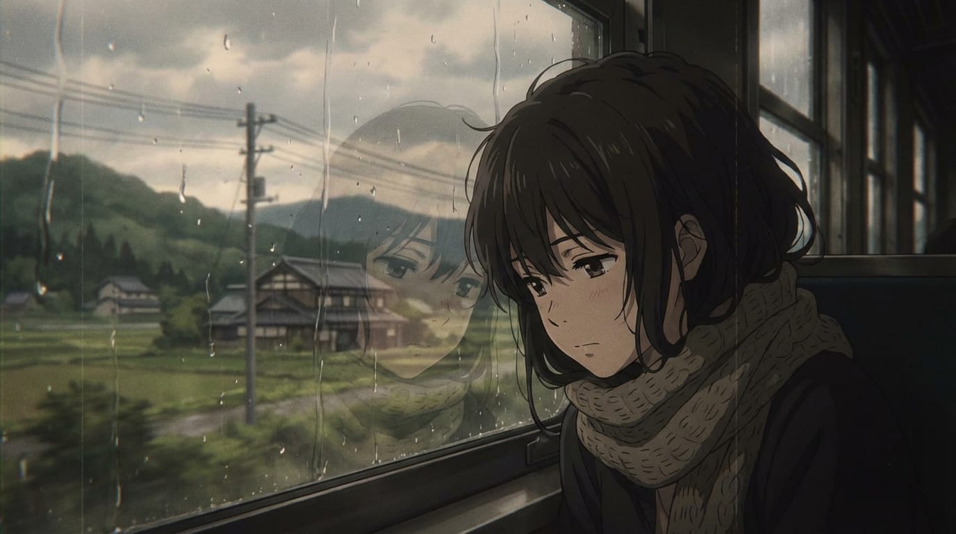 anime style, close up shot of a young girl looking out a train window, rain droplets on glass, passing countryside landscape, melancholic atmosphere, reflection in the window, lo-fi aesthetic