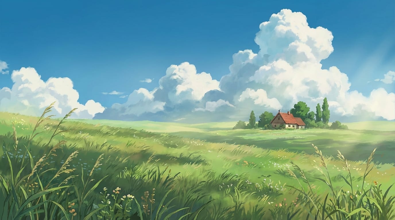 wide shot, anime style, lush green meadow with white fluffy clouds in a blue sky, a gentle breeze blowing through the grass, a small red roof house in the distance, hand-painted background style, cinematic lighting, 4k, highly detailed