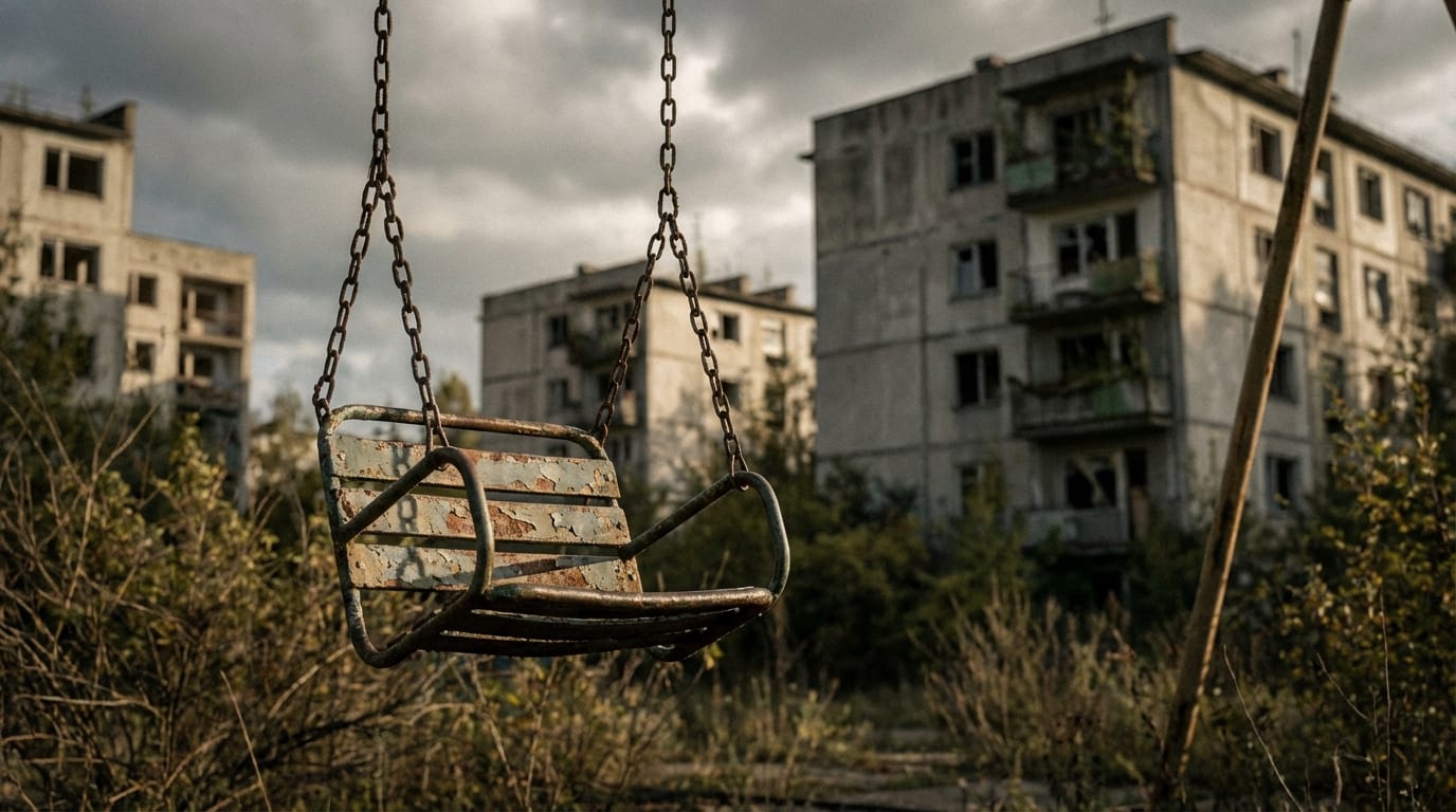 A close up shot of a rusted swing set in an overgrown playground, swaying gently in the wind, blurred background of abandoned apartment blocks, cinematic lighting