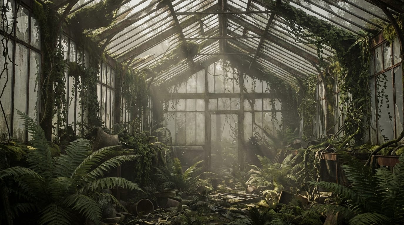 Cinematic shot of an abandoned greenhouse, overgrown with giant ferns and vines, glass roof shattered, god rays streaming through dust motes, 8k resolution, photorealistic texture, melancholic atmosphere