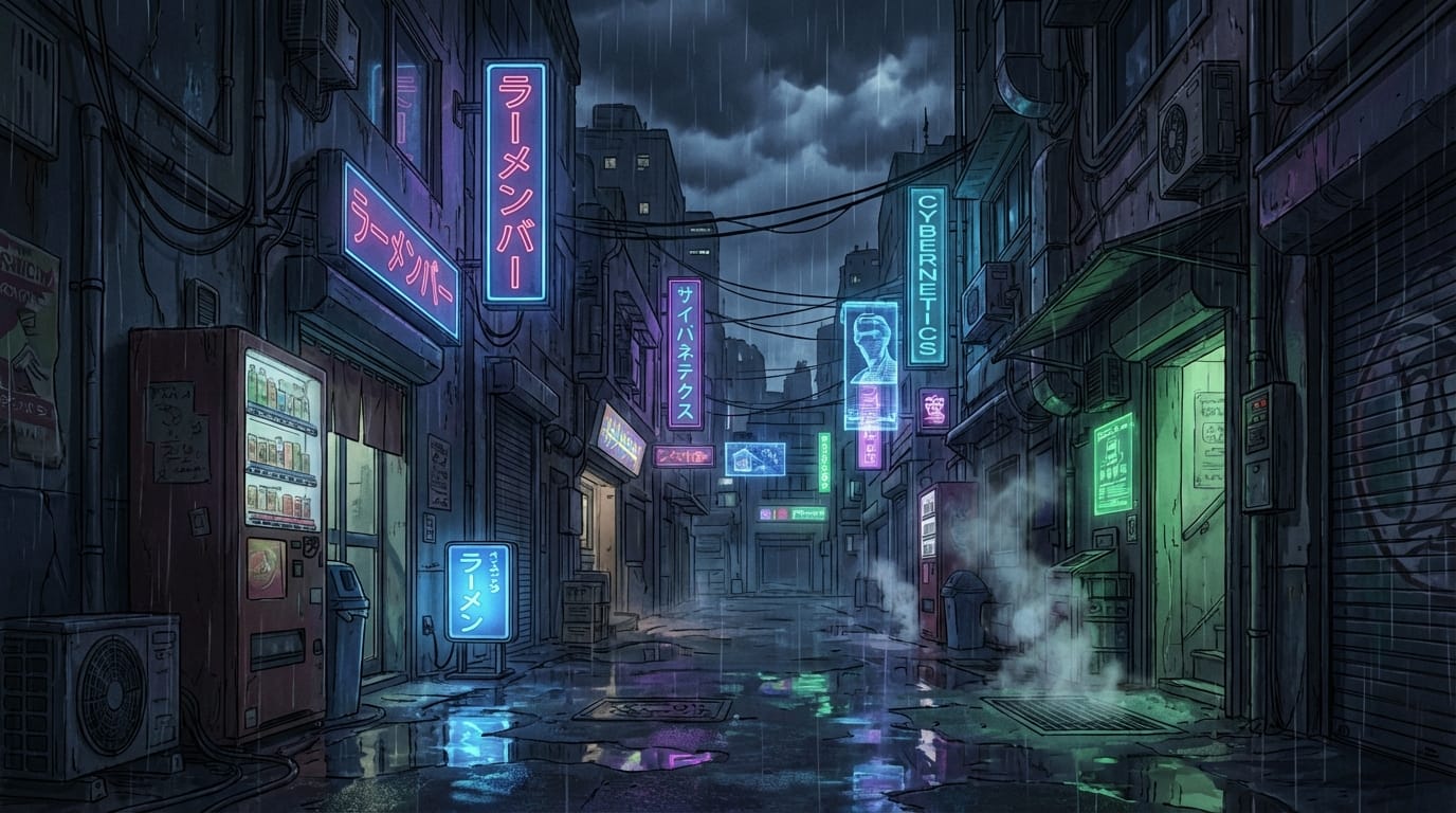 dark rainy alleyway at night, cyberpunk anime style, neon signs reflecting on wet pavement, mysterious atmosphere, detailed background art, cinematic lighting, no humans, moody ambiance, high resolution