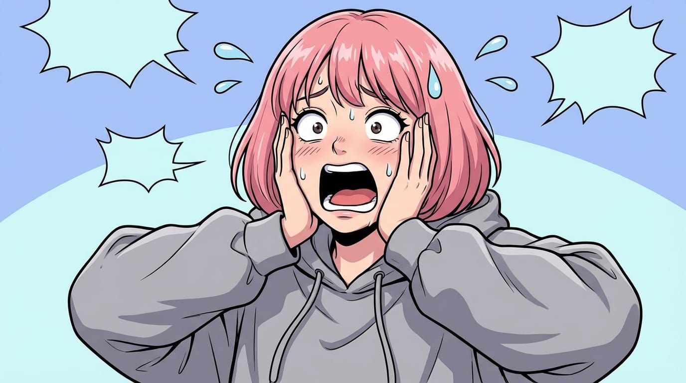 anime girl with pink bob hair, wearing casual hoodie, shocked expression, mouth open, hands on cheeks, comic style exaggeration, sweat drops, simple background, high quality anime art, emotive gesture