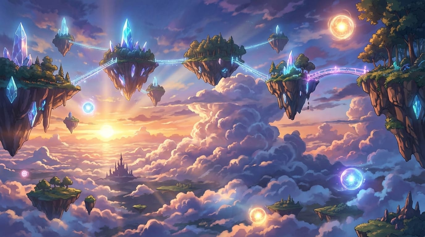 fantasy world landscape, floating islands in the sky, magical atmosphere, detailed clouds and lighting, anime scenery, wide angle shot, masterpiece, vibrant colors, epic scale