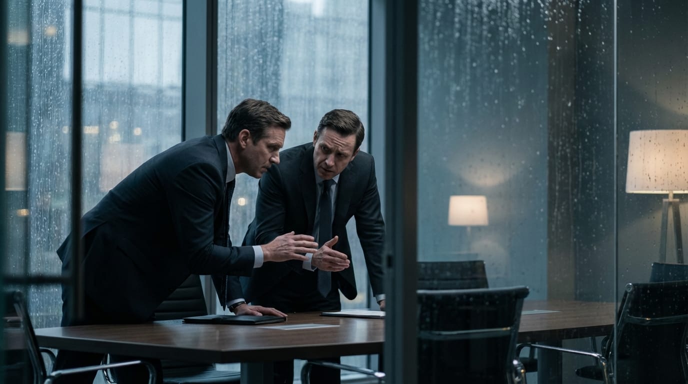 Medium shot, rack focus. A tense business meeting in a modern glass office. Two businessmen in suits arguing intensely but silently. Rain falling on the window glass in the background. Moody lighting, cinematic drama style. Camera slowly tracks sideways.