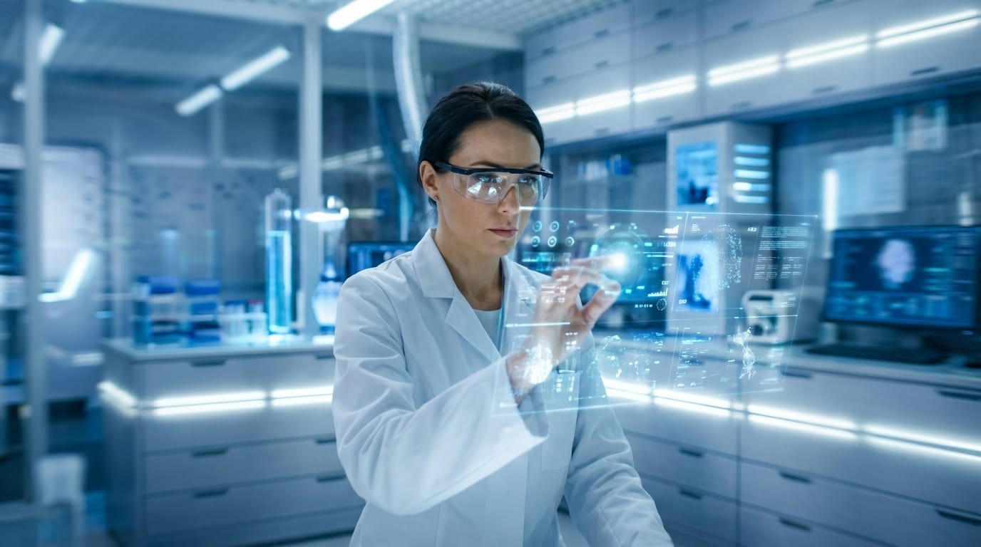 Dolly zoom shot. A futuristic clean laboratory with floating holographic data interfaces. A focused female scientist analyzing the data. Blue and white color palette, sci-fi atmosphere. Sharp focus on the hologram, blurred background. High tech, cinematic lighting.