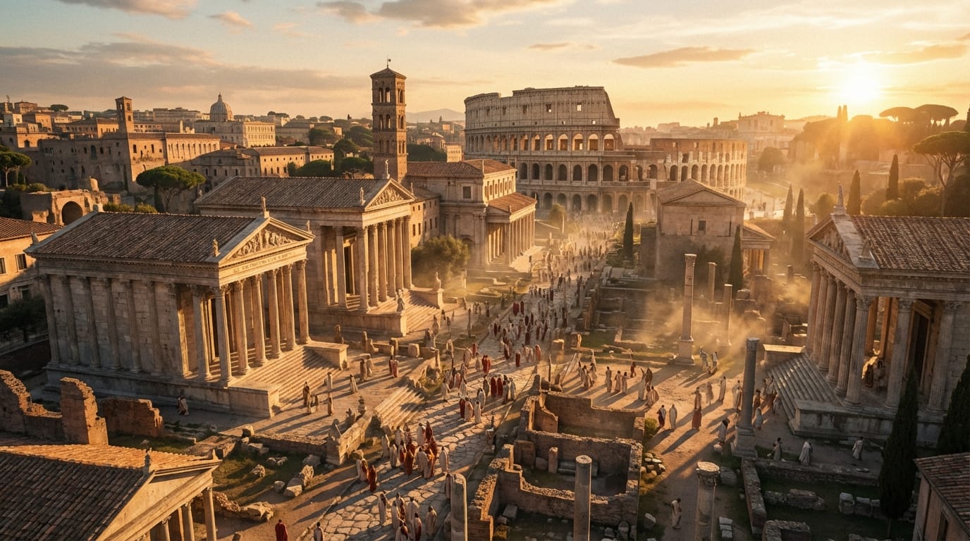 Cinematic drone shot, establishing shot. Ancient Roman forum at sunset, golden hour lighting. Crowds of people in togas walking and talking. High detail, photorealistic, 4k resolution. Slow camera movement panning across the architecture.