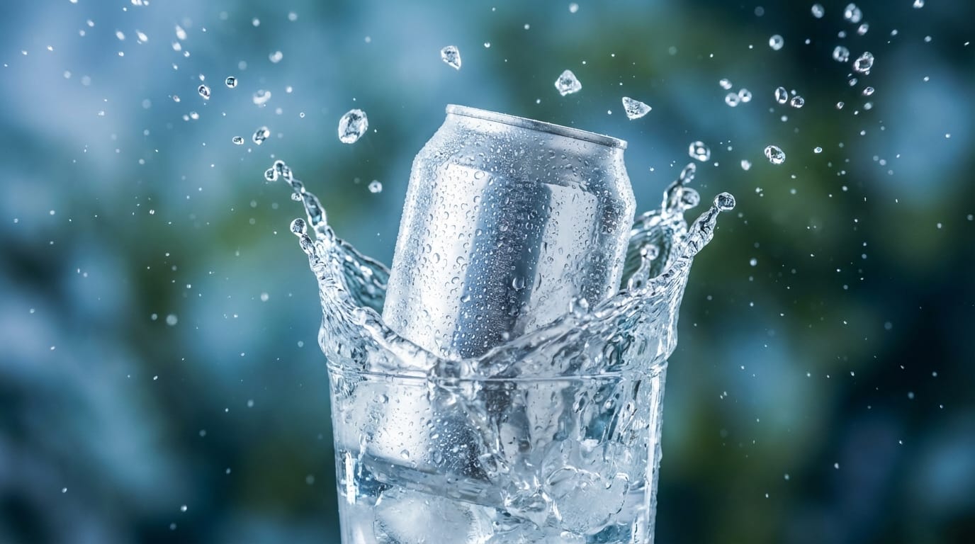 Cold water droplets splashing and ice particles dancing around this drink can. Slow motion shot, commercial quality, fresh and refreshing atmosphere.