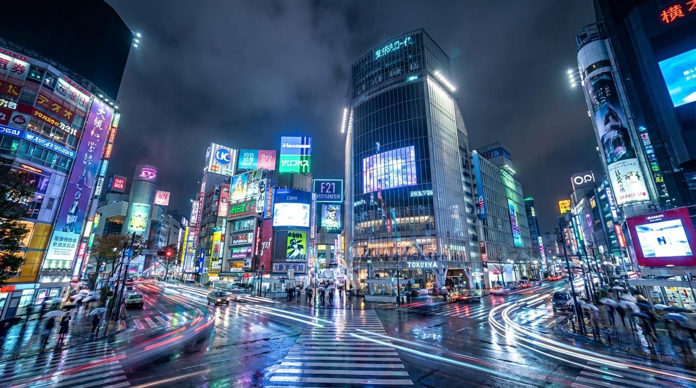 Neon-lit futuristic Tokyo cityscape, lights reflecting on wet pavement. Camera moves like a drone flying low, weaving through skyscrapers. Cinematic lighting, 4K resolution, highly detailed, 9:16 vertical aspect ratio.