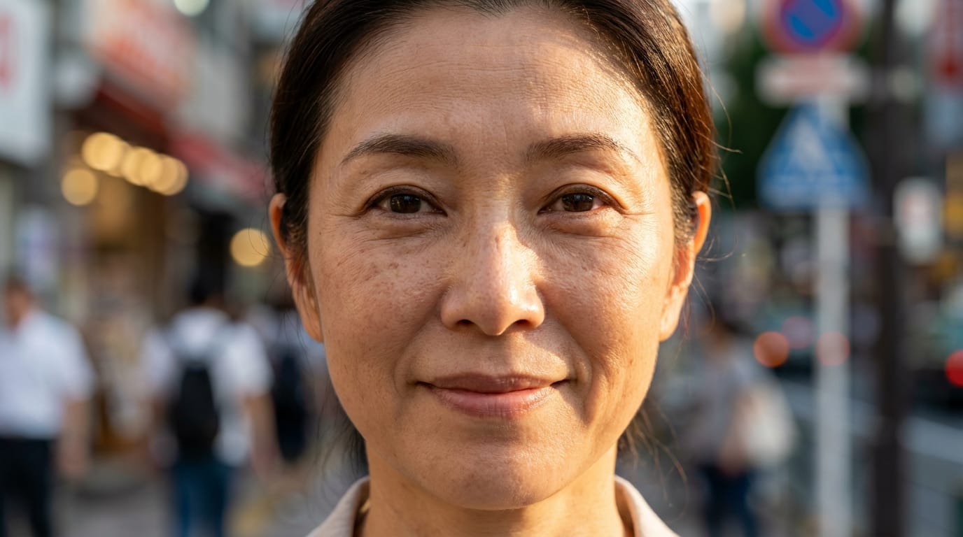 A hyper-realistic portrait of a Japanese woman looking at the camera, natural sunlight hitting her face, soft bokeh background of a Tokyo street, 8k resolution, highly detailed skin texture