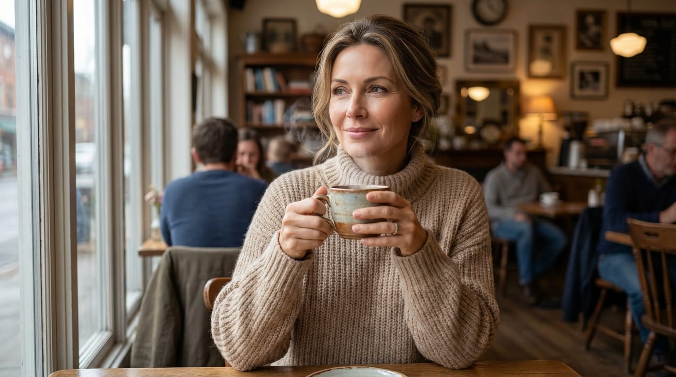 A photorealistic medium shot of a sophisticated woman sitting by a window in a cozy coffee shop, holding a warm ceramic cup with both hands, steam rising from the cup, soft natural window light illuminating her face, wearing a beige knit sweater, blurred interior of the cafe in the background, highly detailed textures, warm color grading, 8k resolution.