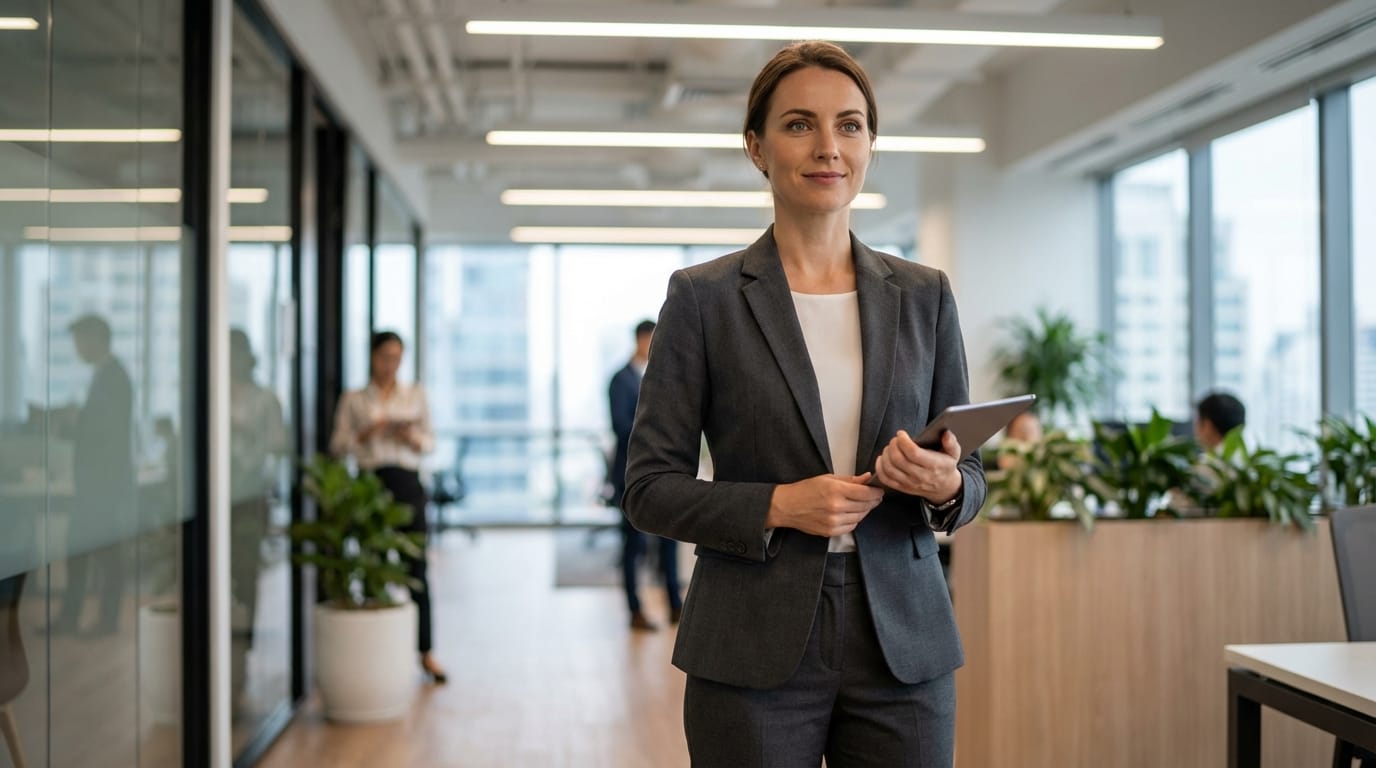Improve details, photorealistic quality, a woman wearing a formal business suit standing in a modern office, confident posture, clear facial features, realistic lighting from overhead office lights, sharp focus, 8k resolution.