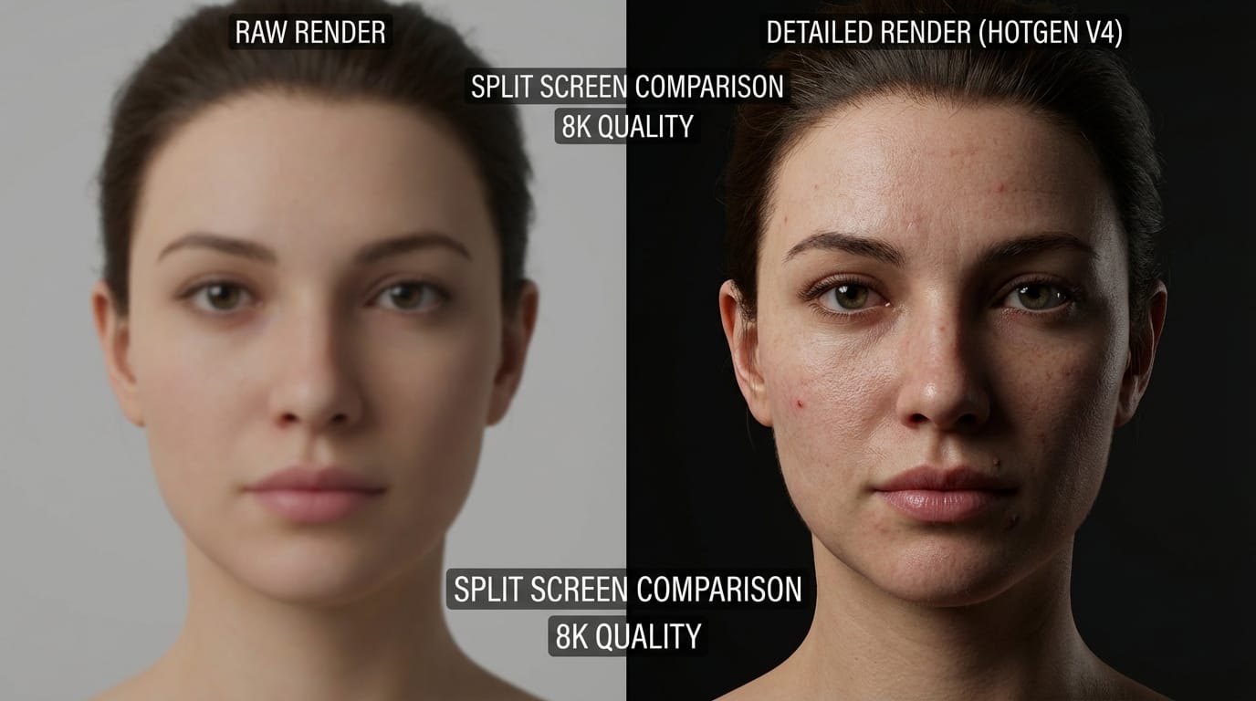 Comparison of a raw render vs a detailed render using Hotgen V4, split screen, same woman character, showing enhanced skin details on the right side