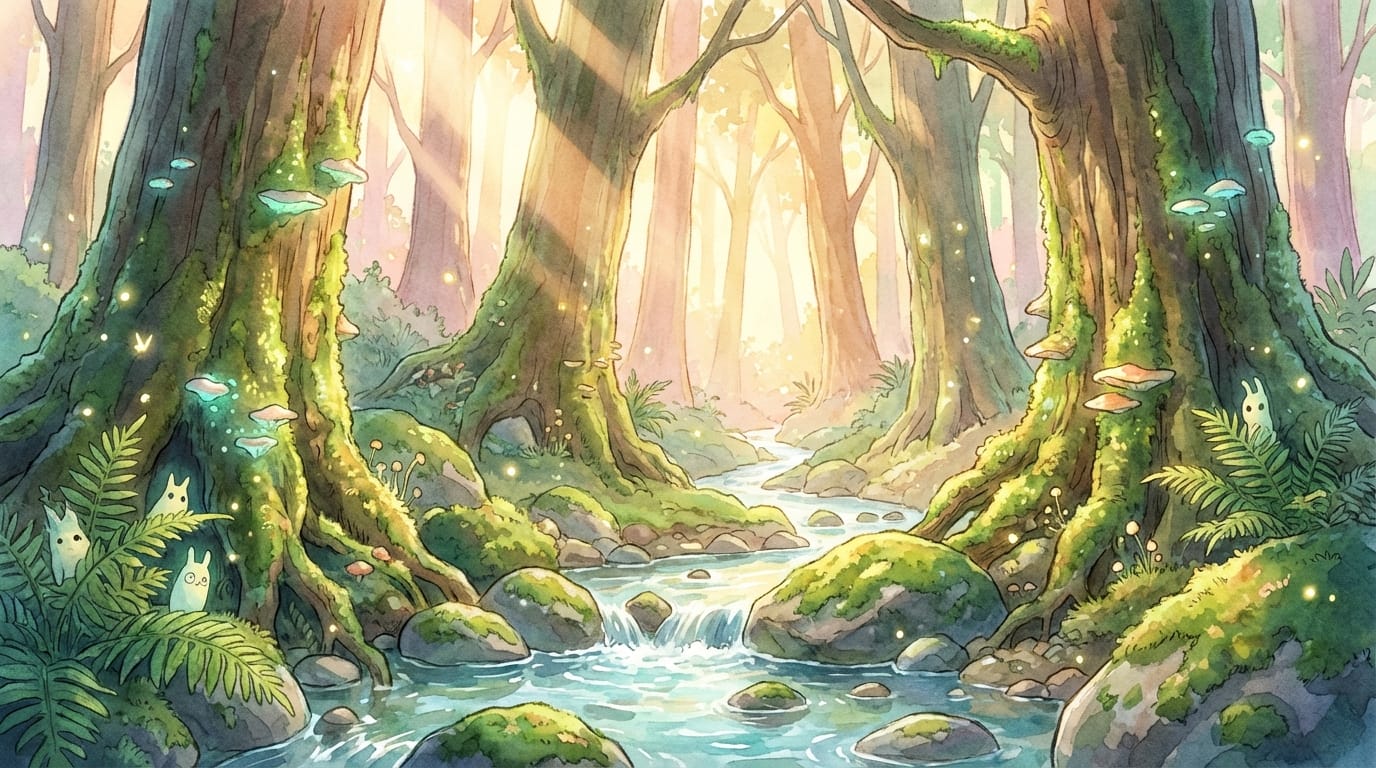 Fantasy forest landscape, sunlight filtering through ancient trees, magical atmosphere, mossy rocks, flowing stream, highly detailed painting style, Studio Ghibli inspired colors