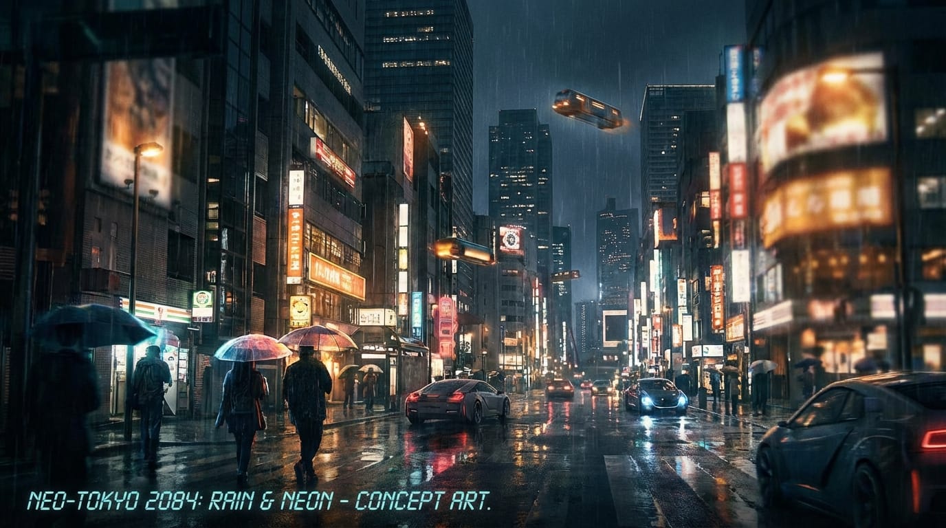 Cinematic concept art, cyberpunk street in Tokyo, rainy night, neon lights reflecting on wet pavement, towering skyscrapers, highly detailed, photorealistic texture, dramatic lighting, 8k resolution