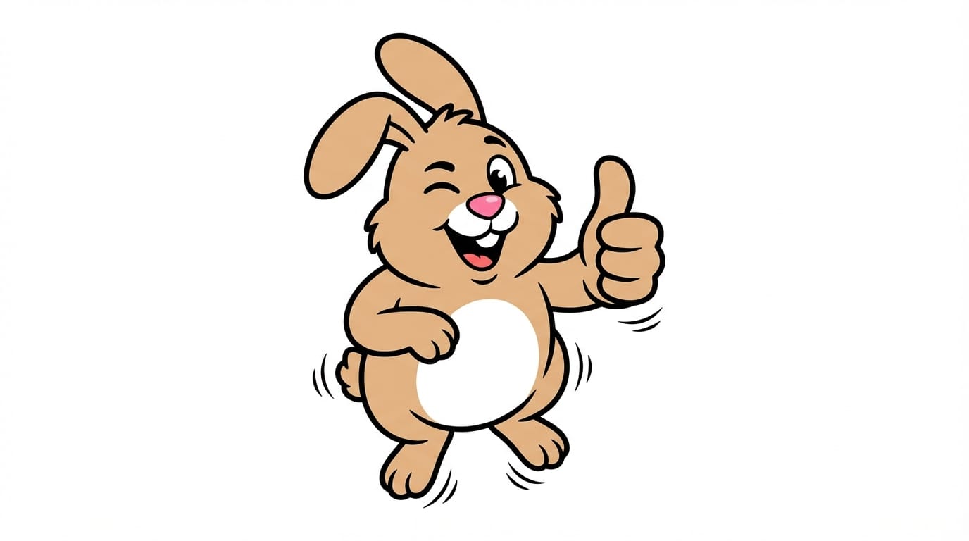 A cheerful cartoon rabbit giving a big thumbs up gesture, winking eye, smiling mouth, bouncing slightly, simple thick outlines, flat coloring, isolated on pure white background, high quality vector art style
