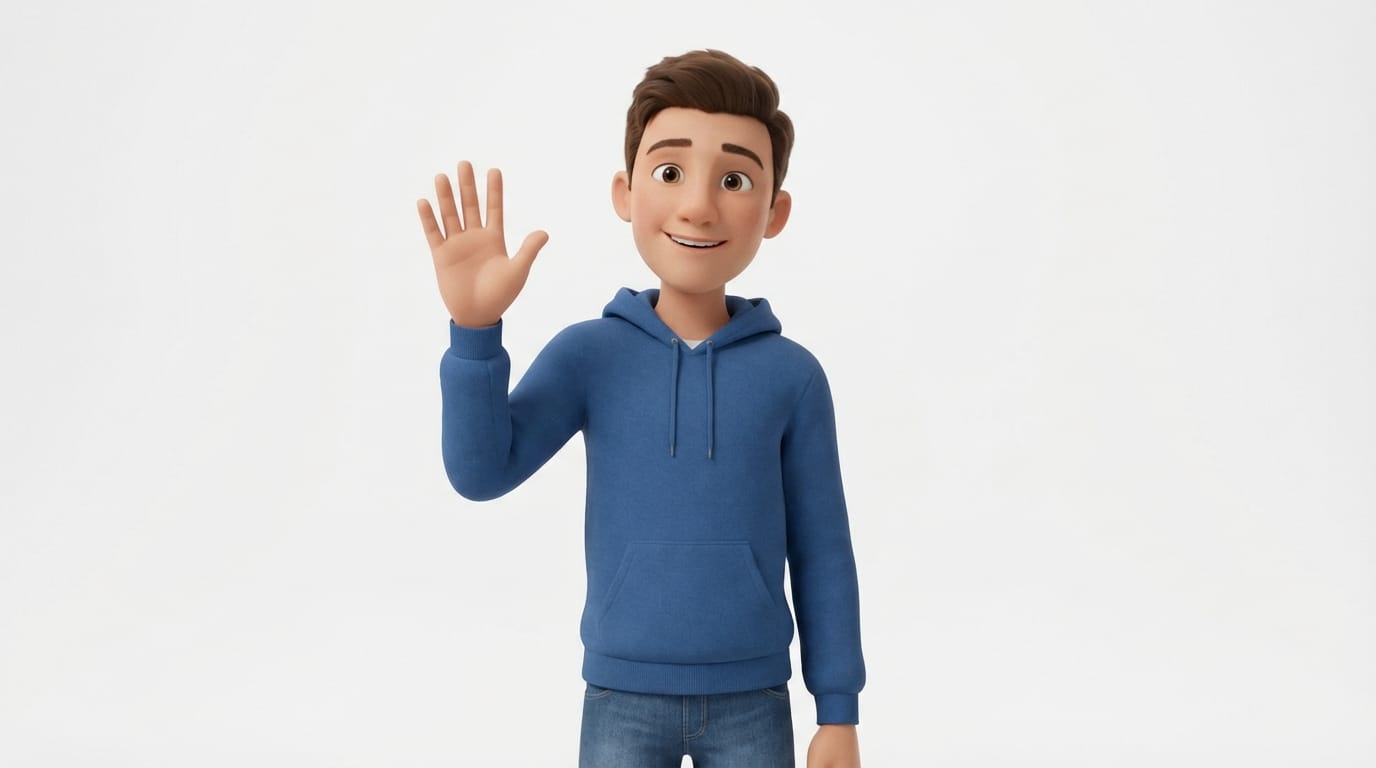 The character waves hand to the camera, smiling, subtle breathing motion, keeping the original character design, white background, smooth animation