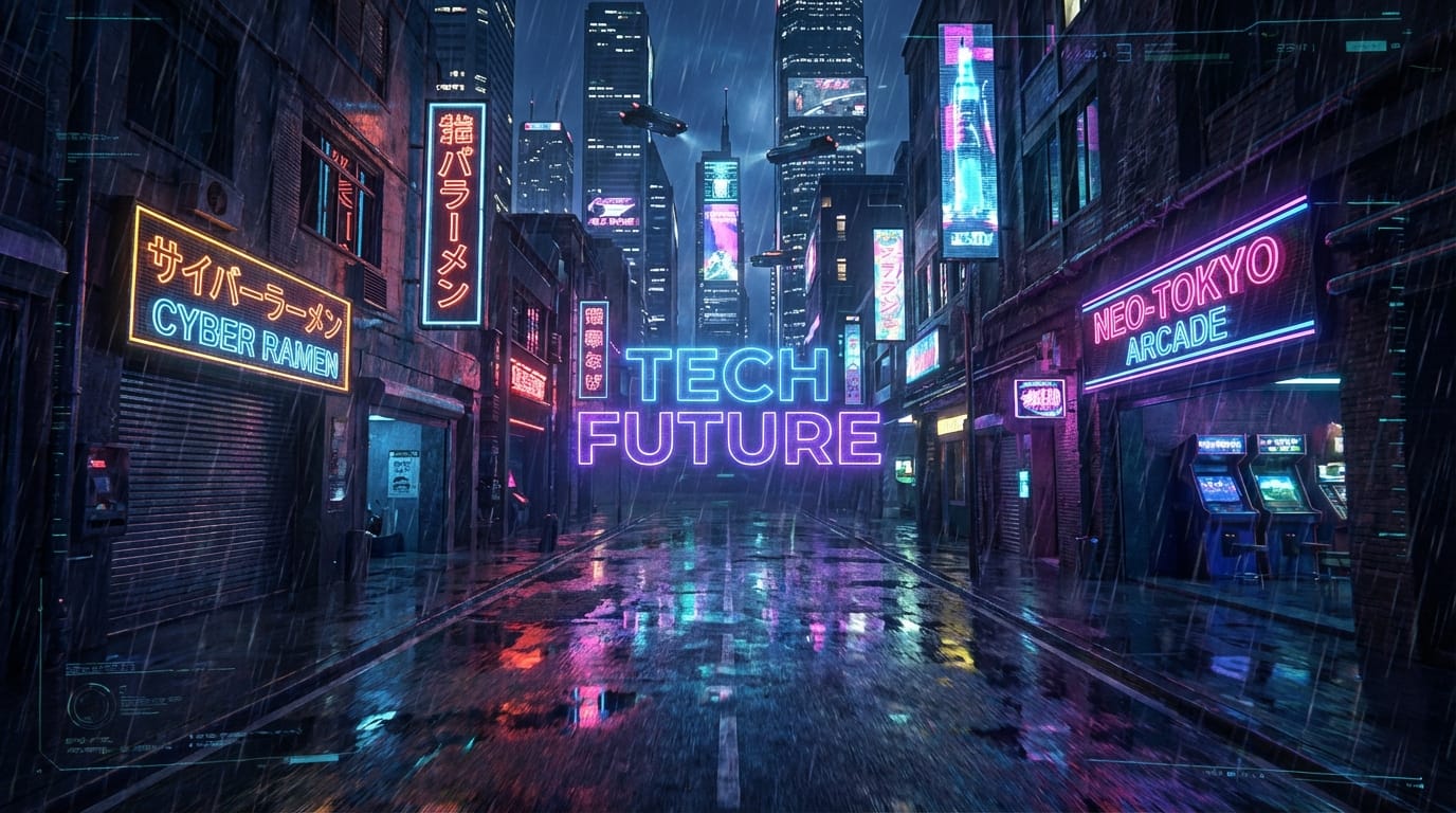Cyberpunk city night view, neon lights reflecting on wet pavement. Drone camera flying fast through the streets into a back alley. Holographic text 'TECH FUTURE' appears in the center. Sound of rain, futuristic synth BGM, and distant sirens.