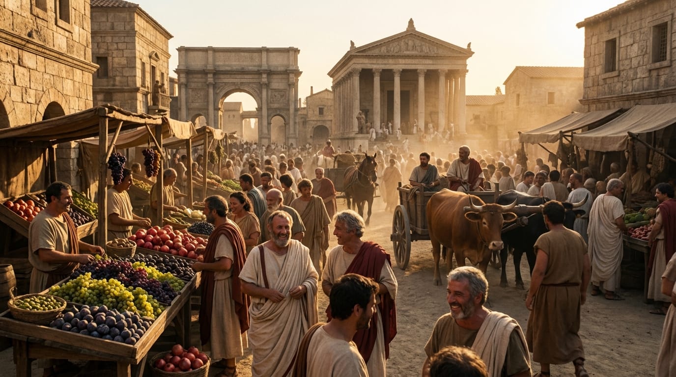 古代ローマの市場の賑わい。人々が会話をし、商人が果物を売っている。カメラは人々の間をゆっくりと通り抜ける。背景には人々の話し声、馬車の音、活気のある市場の環境音。映画のようなライティング、4k解像度。