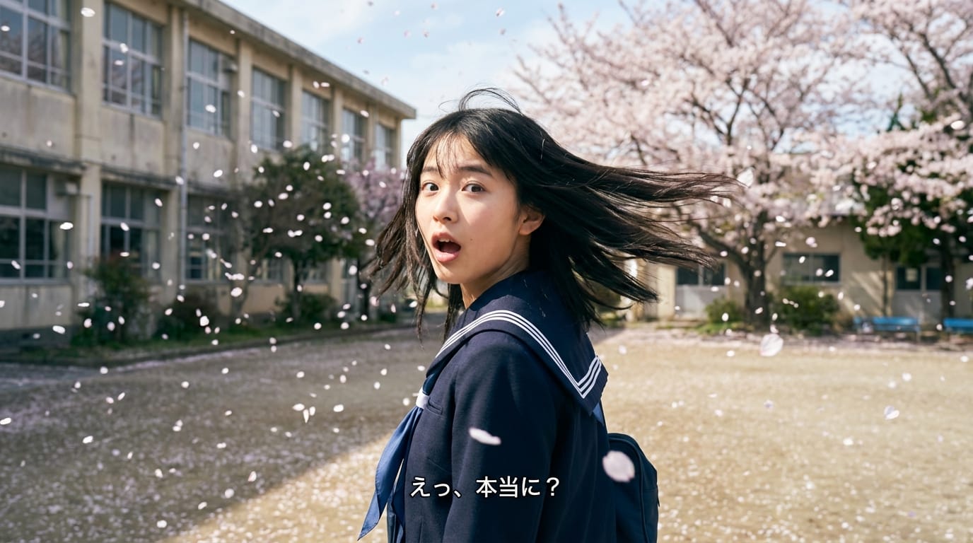 少女が驚いた表情でこちらを振り向く。風が彼女の髪をなびかせる。彼女は「えっ、本当に？」と口を動かして話す。背景は桜が舞い散る学校の校庭。風の音と、少女の驚く声。