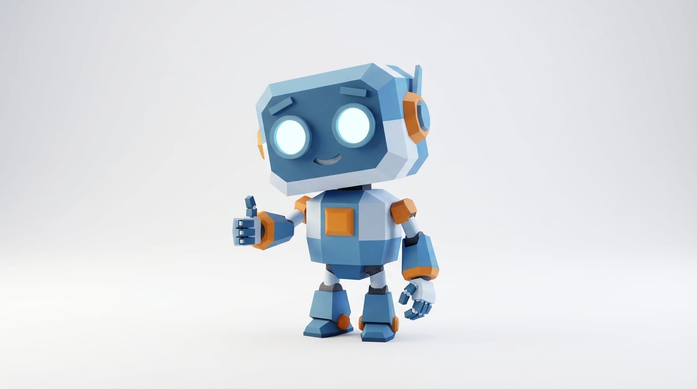 A cute 3D low-poly robot character giving a thumbs up gesture, nodding head in agreement, white background, soft lighting, friendly appearance, positive reaction, smooth mechanical movement, 1080p, high quality render