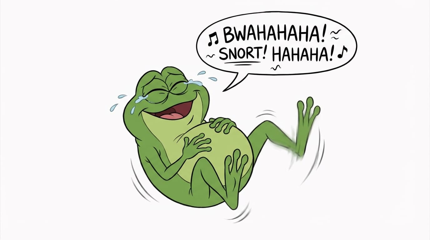 A cartoon frog rolling on the floor laughing hysterically, holding its stomach, tears of joy, white background, simple drawing style, funny sound of laughter, clear audio, energetic movement, 2D animation style