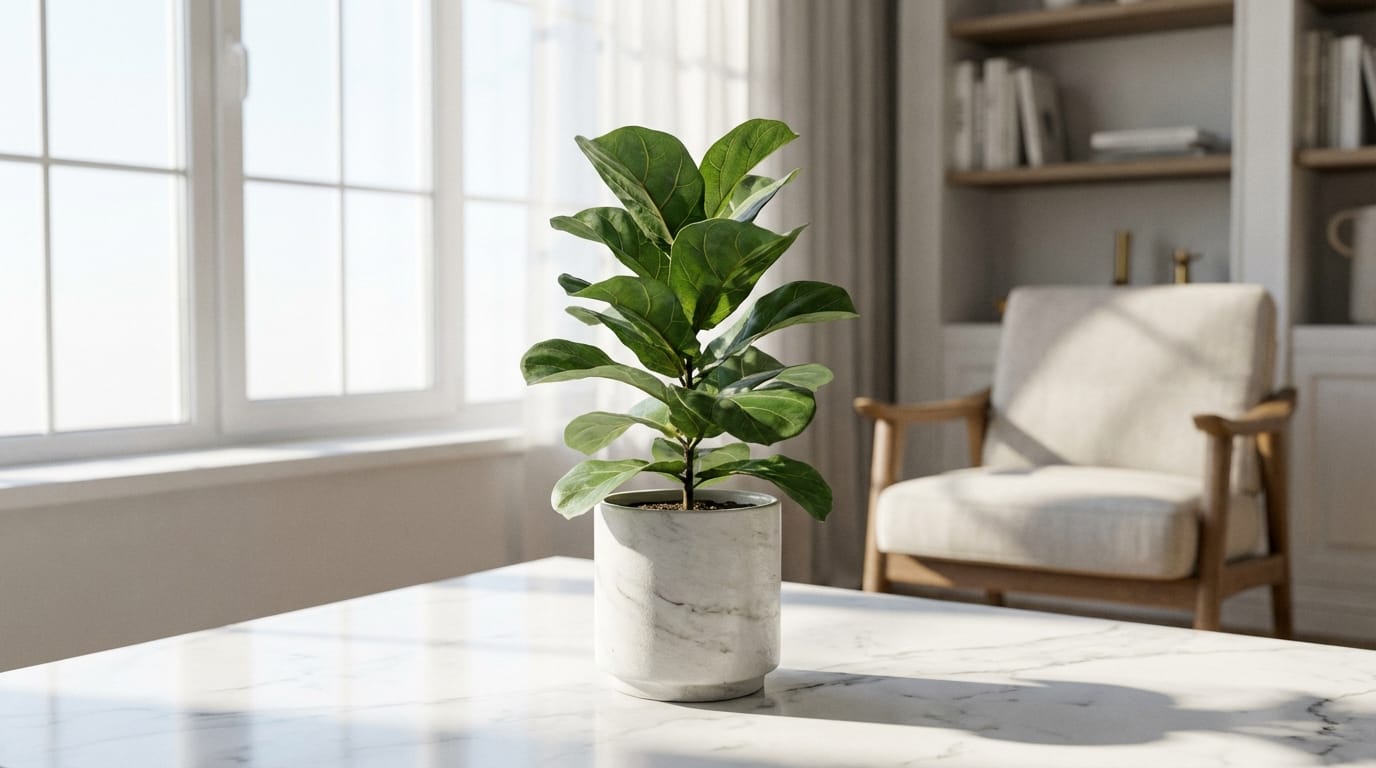 白い大理石のテーブルの上に置かれた観葉植物、自然光が差し込む明るい部屋、静止画のような落ち着いた構図、高画質、フォトリアル