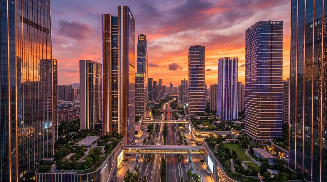 Aerial view of a futuristic city at sunset, glowing skyscrapers, warm orange and purple sky, wide angle lens, cinematic color grading, hopeful atmosphere, highly detailed, smooth drone motion