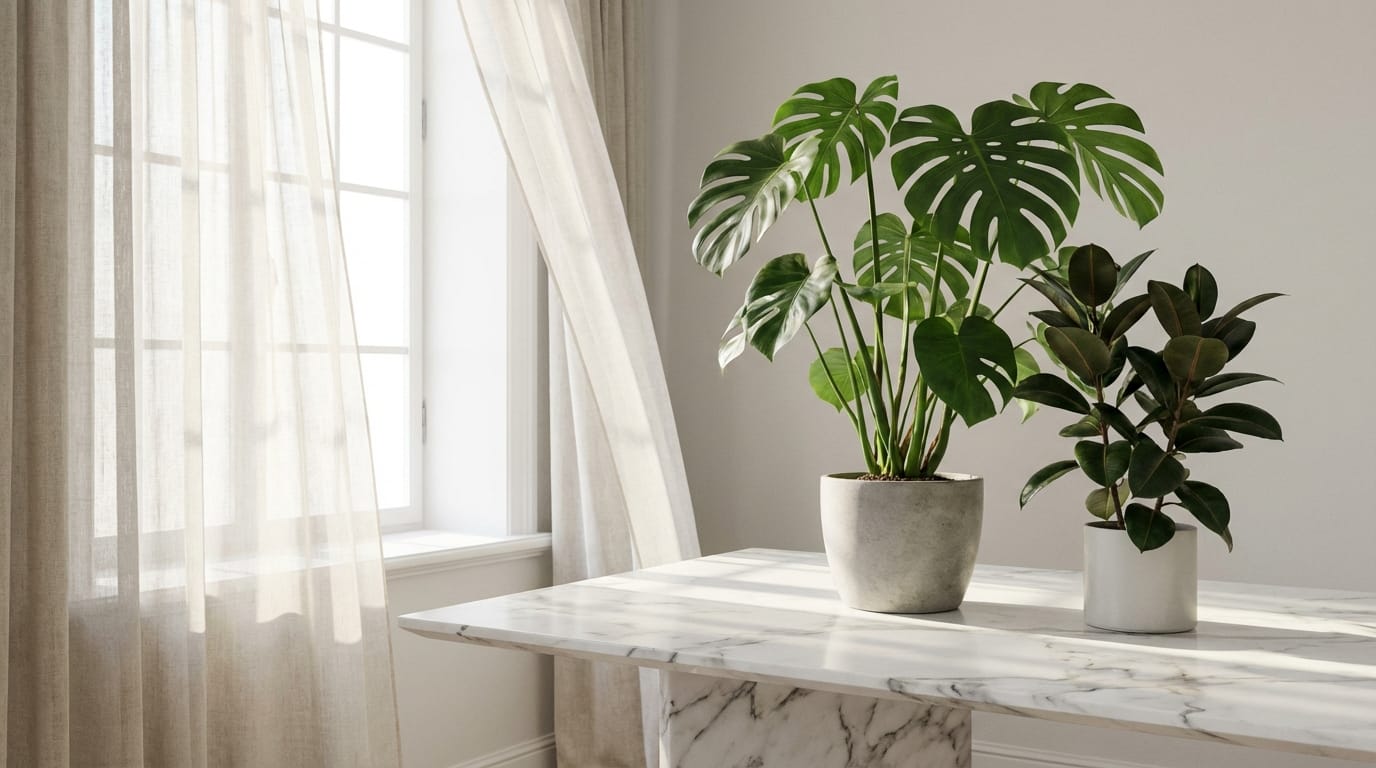 白い大理石のテーブルの上に置かれた観葉植物、自然光が差し込む明るい部屋、窓のカーテンが風で優しく揺れる、カメラが極めてゆっくりと右にパンする、穏やかで洗練された空気感、高画質、フォトリアル