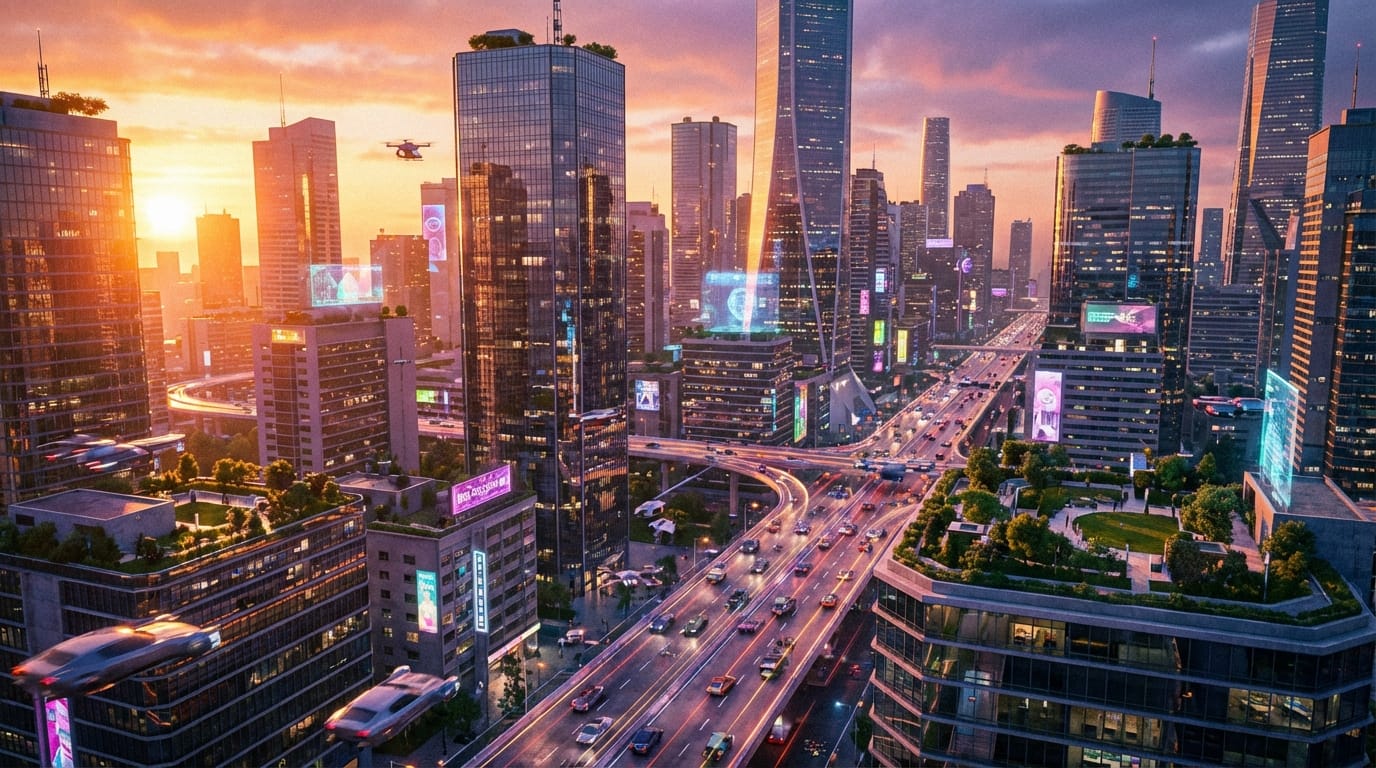 夕暮れ時の活気ある未来都市の空撮、輝く高層ビル群と空飛ぶ車の交通網、温かみのあるオレンジと紫の空、広角レンズによる壮大な景観、映画のような色彩調整、希望に満ちた雰囲気、非常に詳細な都市のディテール、滑らかなドローン撮影のような動き