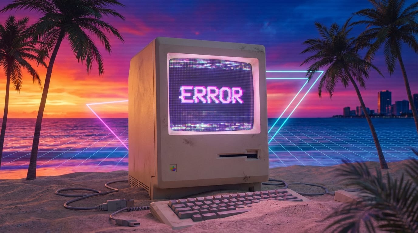 A retro computer monitor on a beach at sunset, vaporwave aesthetic, screen displaying 'ERROR', synthwave colors, high detail