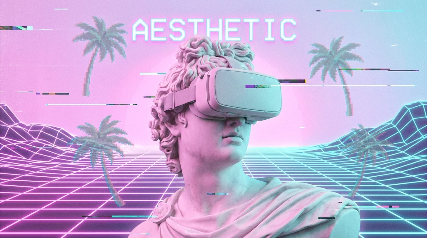 Vaporwave style, marble bust of Helios wearing virtual reality headset, neon grid background, pink and cyan lighting, floating palm trees, pixel art glitch effect, text 'AESTHETIC' in the air, 4k resolution
