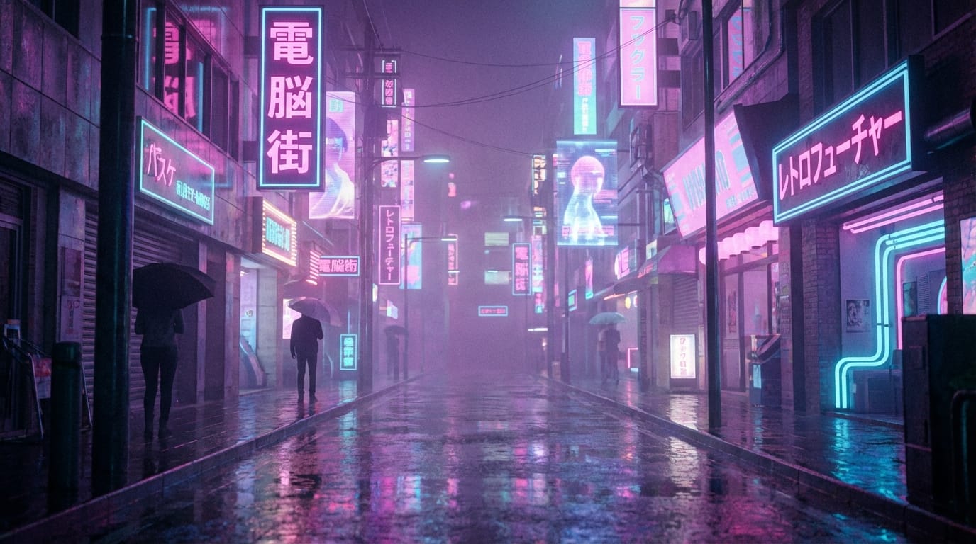 Japanese city street at night, cyberpunk and vaporwave blend, neon signs in Japanese kanji, wet pavement reflecting lights, soft fog, cinematic composition