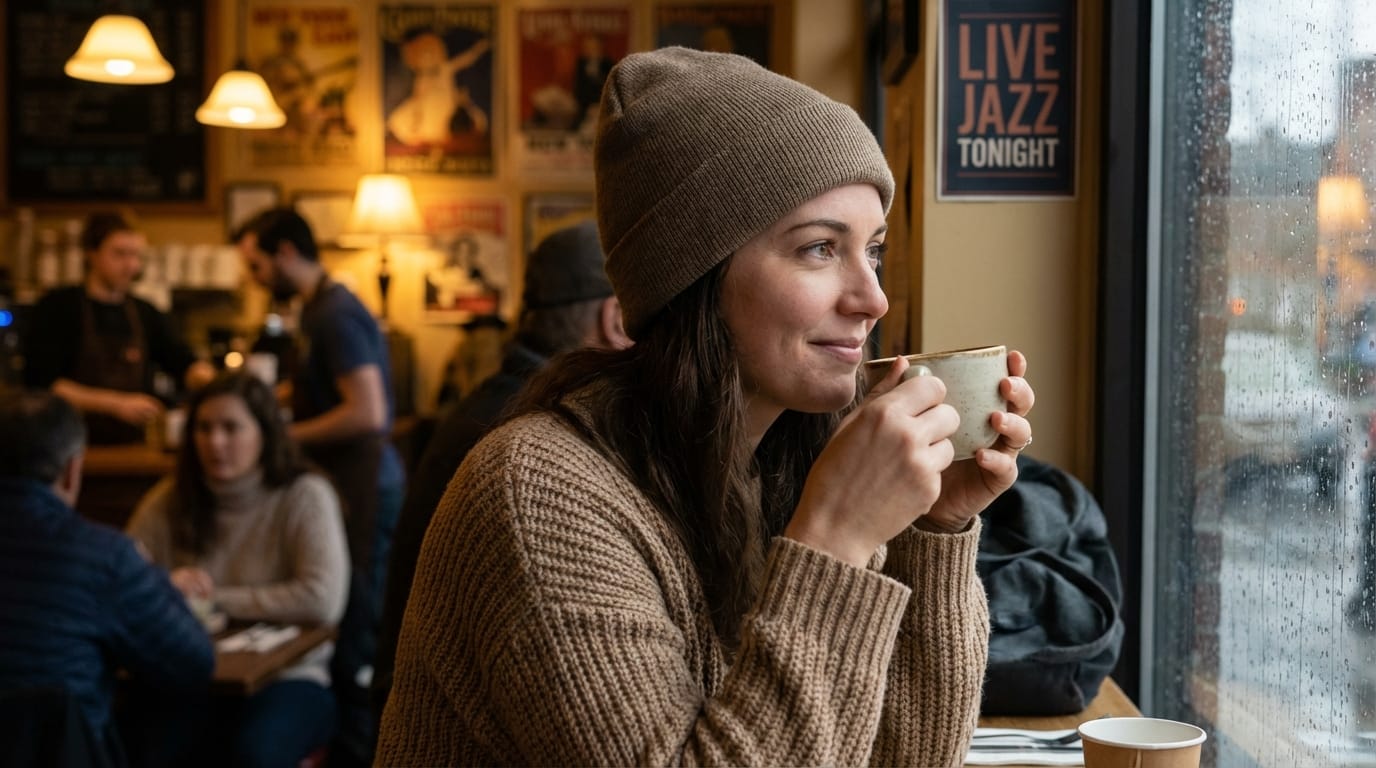 This character is drinking coffee at a cafe, looking out the window and smiling slightly. Background noise of a busy cafe and quiet jazz music playing. Camera slowly zooms in on her face.