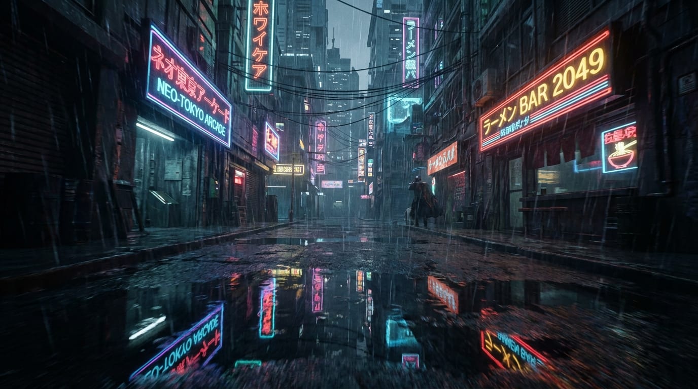Cinematic shot. Night cyberpunk city street. Sound of heavy rain falling. Neon signs reflecting in puddles. Camera slowly dollies forward through an alleyway. Distant siren sounds can be heard, building tension. 16 second video.