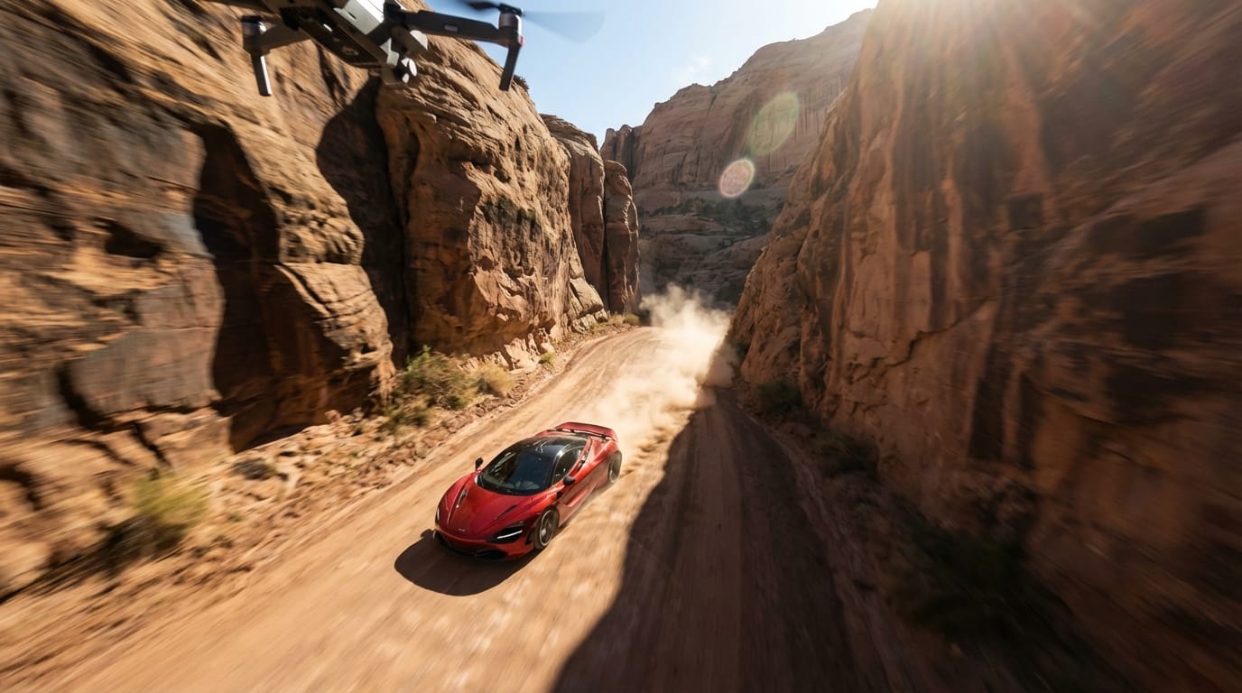 Fast drone shot flying through a narrow canyon, chasing a sports car driving on a winding road, dust clouds rising, dynamic speed, action movie style, high contrast, realistic environment, 1080p resolution.
